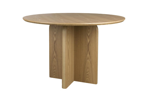 Runder Esstisch Laurent natural mit Eschenholz-Tischplatte und geometrischem Säulenfuß in Gesamtansicht.