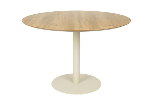 Design Esstisch Steven mit runder Eichenbeige Tischplatte und schmalem Metallfuß in Beige, Gesamtansicht.