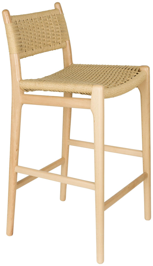 Barhocker Cecile Natural mit Buchen-Gestell und gewebtem Papierseil-Bezug in Natur, Gesamtansicht.