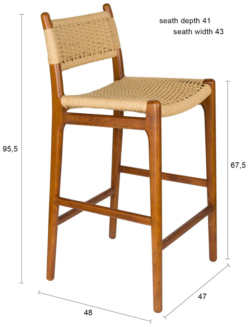 Barhocker Cecile Walnut: Retro-Design aus Holz & Seilgeflecht