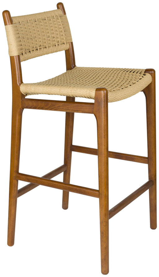 Barhocker Cecile Walnut mit Buche-Gestell und gewebtem Papierseil-Bezug, Gesamtansicht.