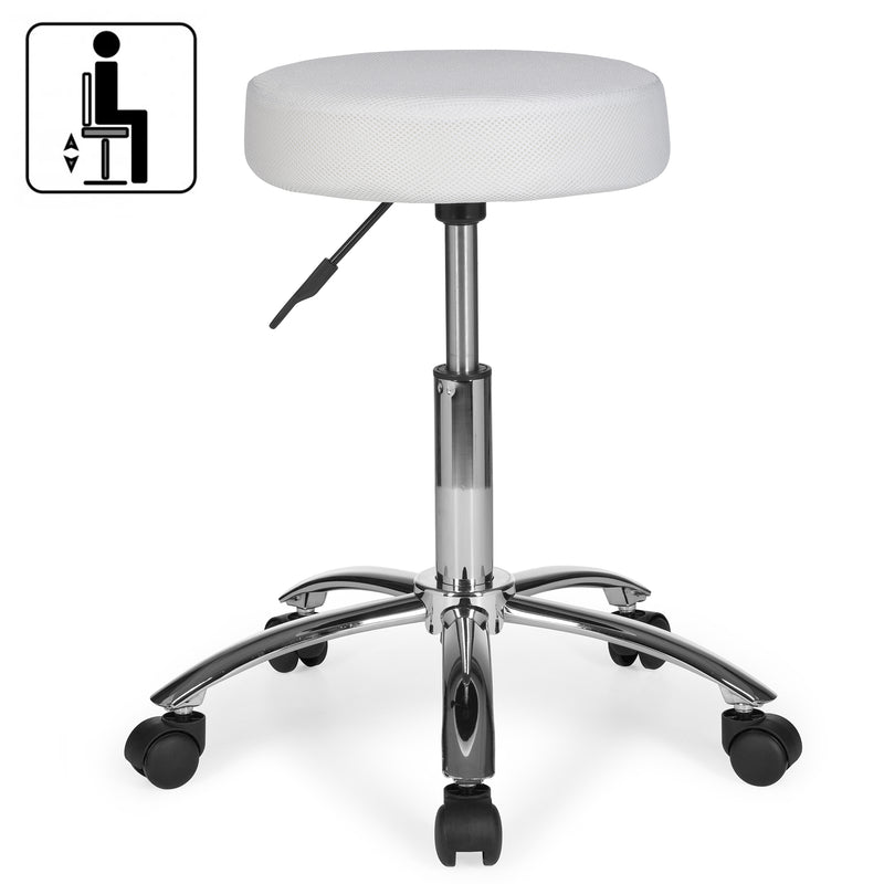 Arbeitshocker Rollhocker gepolstert Stoff Weiß ohne Lehne XL