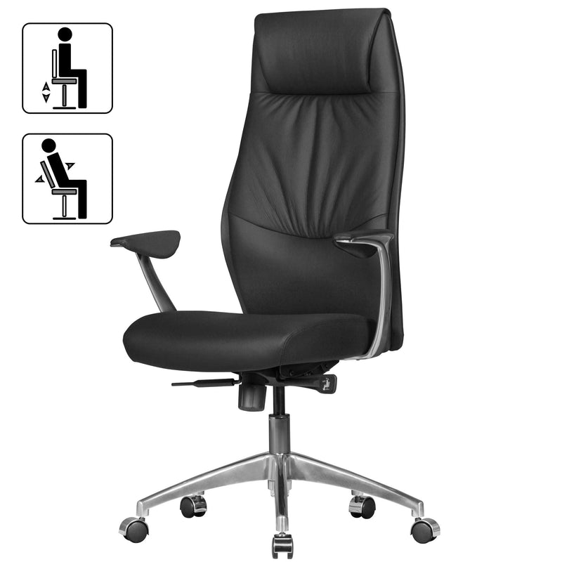 Bürostuhl Echtleder Schwarz Synchronmechanik Chefsessel Kopfstütze