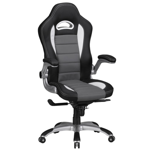 Bürostuhl Race Chefsessel in Schwarz mit grauem Mittelstreifen, hochgestützter Rückenlehne und Armlehnen in Gesamtansicht.