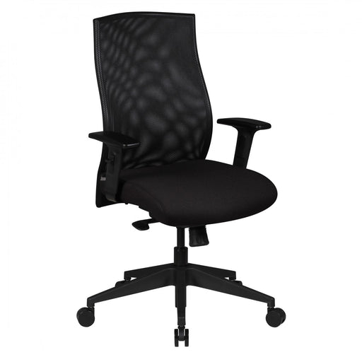 Bürostuhl Chefsessel Stoff Schwarz Drehstuhl mit schwarzem Netzbezug, Gesamtansicht von vorne.