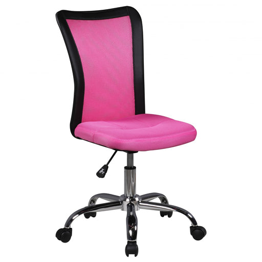Schreibtischstuhl Salerno mit pink-schwarzem Nylon-Bezug und Rollen in Gesamtansicht.