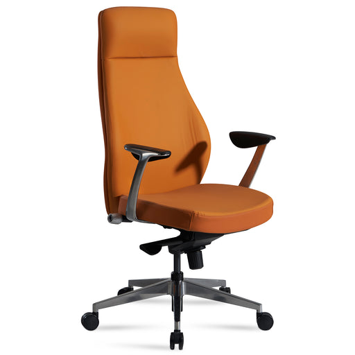 Bürostuhl Chefsessel Kunstleder Caramel in Braun mit hoher Rückenlehne, Armlehnen und schwarzer Wippfunktion, Gesamtansicht.