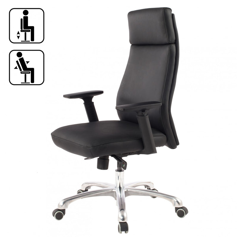 Bürostuhl PORTO Echtleder Schwarz ergonomisch mit Kopfstütze Wippfunktion