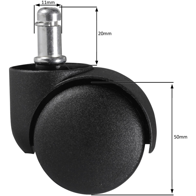 Bürostuhlrollen 5er Set Schwarz 50mm Weichboden Stift 11mm
