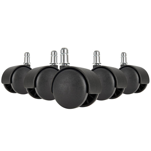 Bürostuhlrollen Set 5 Hartboden 11mm Stift 50mm Schwarz Premium in Gesamtansicht mit fünf schwarzen Rollen und Metallstiften.
