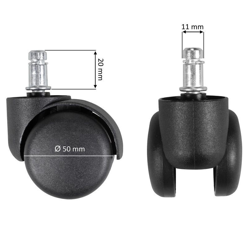 Bürostuhlrollen Set 5 Stk gebremst 11mm Stift 50mm Schwarz Teppich