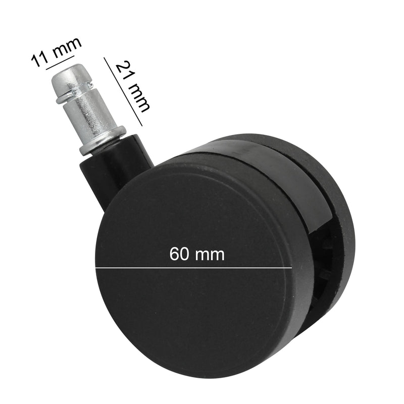 Bürostuhlrollen Set 5 Schwarz 11mm Stift 60mm Weichbodenrollen