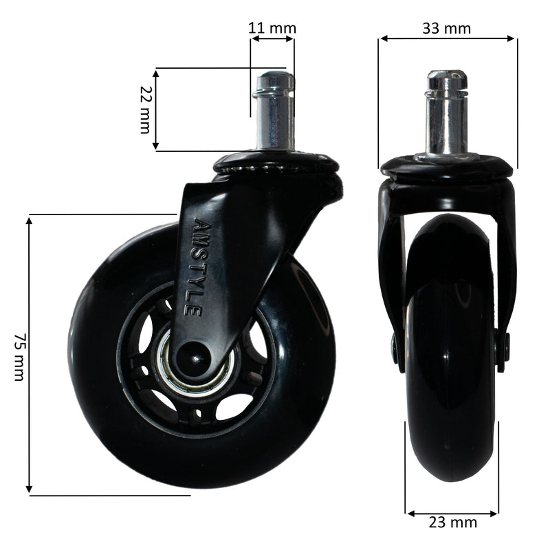 Bürostuhlrollen 5er Set 75mm Universal Schwerlastrollen Hartboden Schwarz