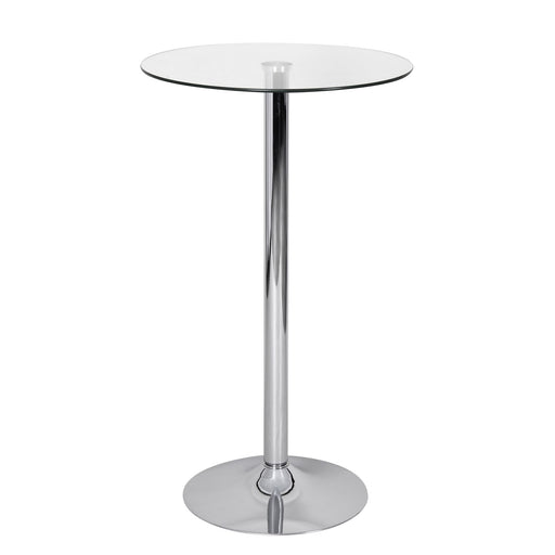 Bartisch 60x60x105cm Rund mit runder Glastischplatte und verchromtem Metallgestell in Gesamtansicht.