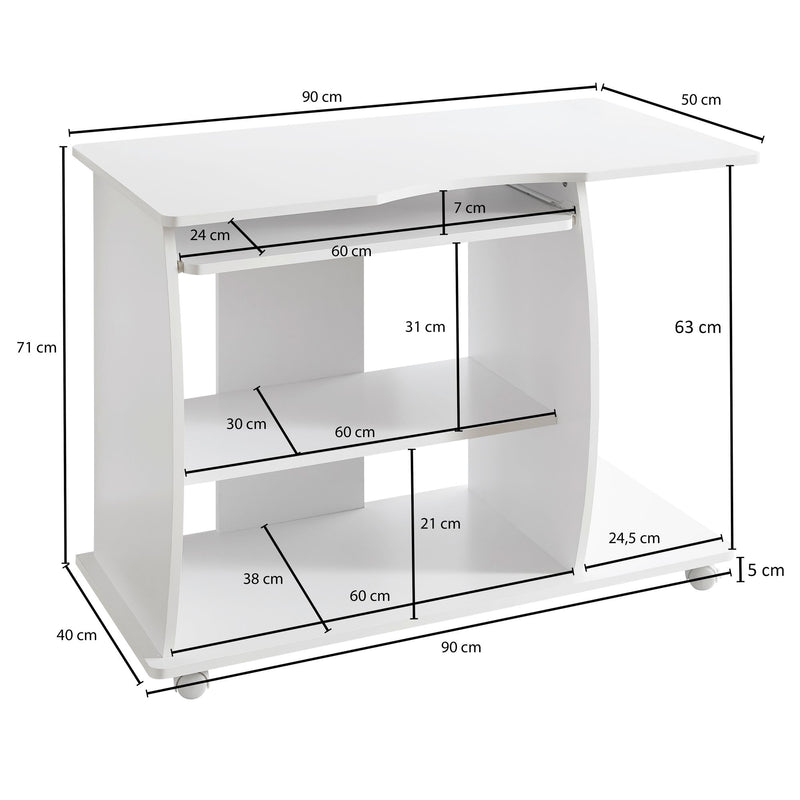 Computertisch GRASSE Weiß rollbar mit Tastaturauszug 90x71x50cm
