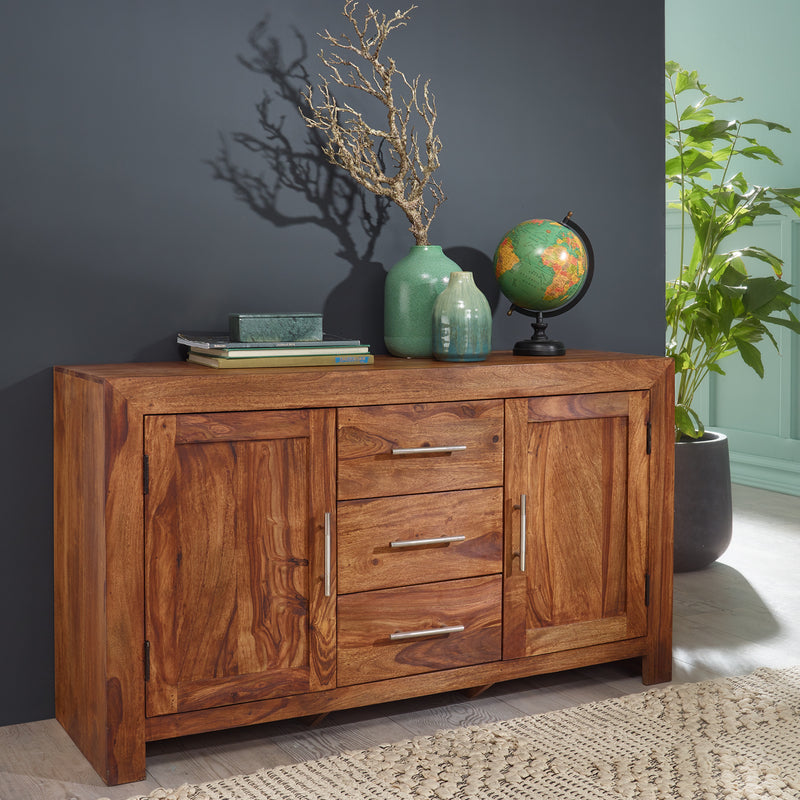Sideboard Sheesham Massivholz 118cm 3 Schubladen 2 Türen Landhaus braun