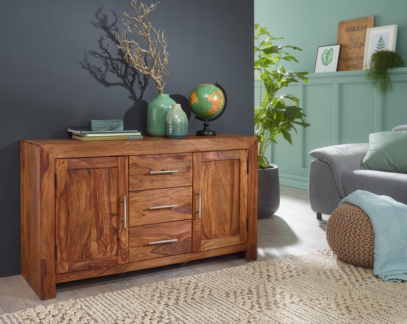 Sideboard Sheesham Massivholz 118cm 3 Schubladen 2 Türen Landhaus braun