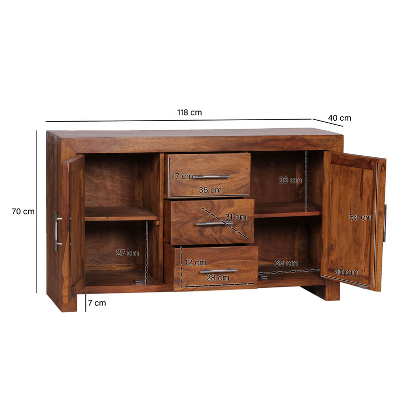 Sideboard Sheesham Massivholz 118cm 3 Schubladen 2 Türen Landhaus braun