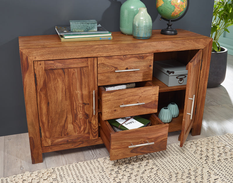 Sideboard Sheesham Massivholz 118cm 3 Schubladen 2 Türen Landhaus braun