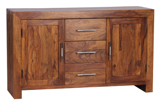 Sideboard Sheesham mit 3 Schubladen und 2 Holztüren, Metallgriffe, Landhaus-Stil.