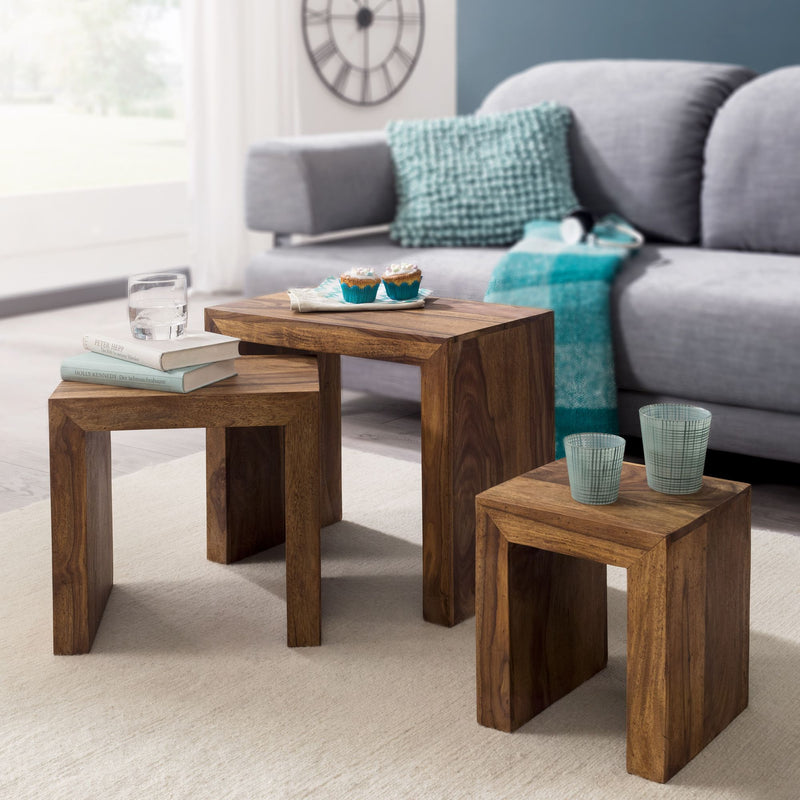 Satztisch Set 3er Sheesham Massivholz Landhausstil Dunkelbraun