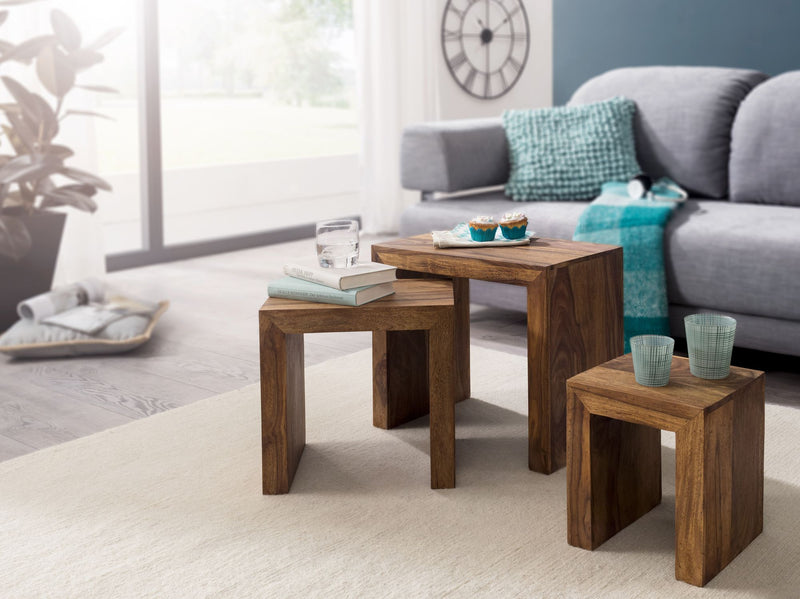 Satztisch Set 3er Sheesham Massivholz Landhausstil Dunkelbraun