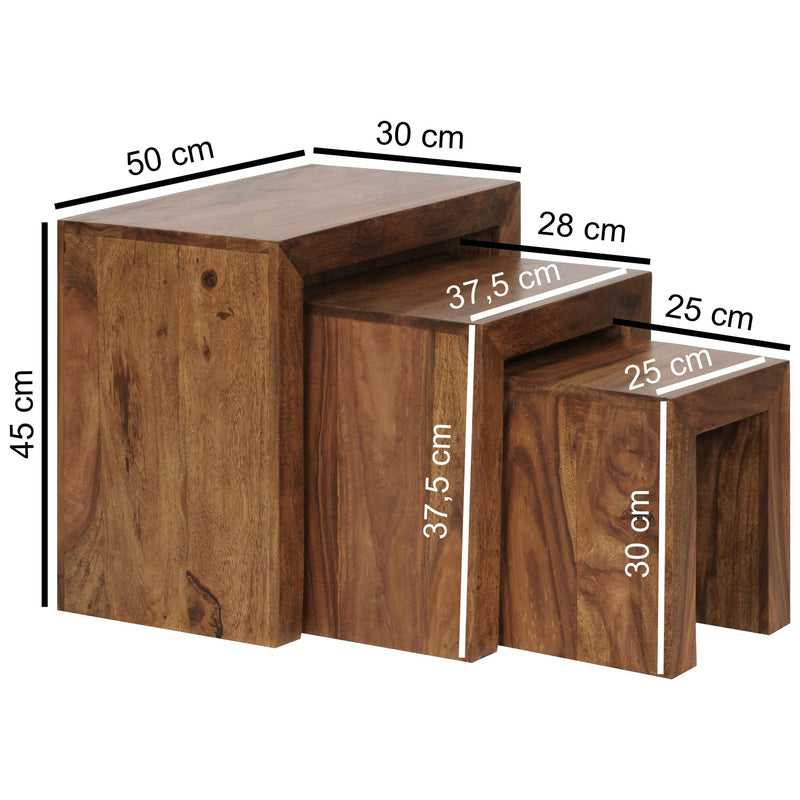 Satztisch Set 3er Sheesham Massivholz Landhausstil Dunkelbraun