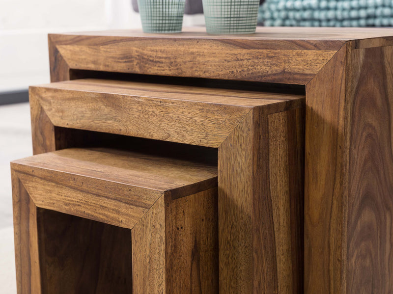 Satztisch Set 3er Sheesham Massivholz Landhausstil Dunkelbraun