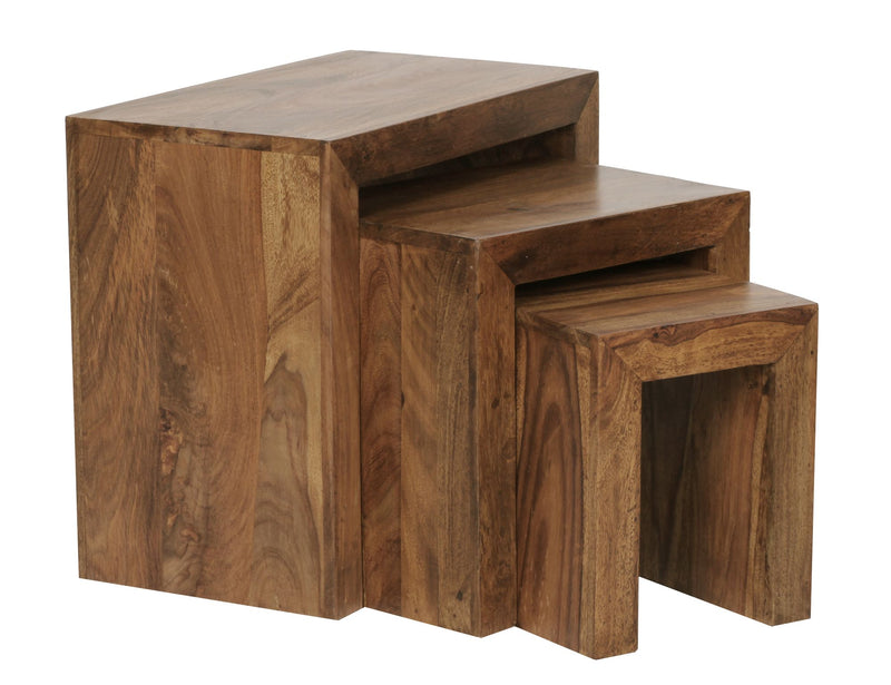 Satztisch Set 3er Sheesham Massivholz Landhausstil Dunkelbraun