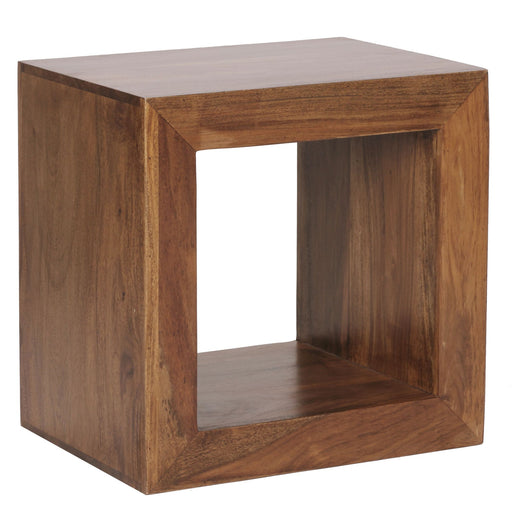 Regal Cube 44cm Sheesham Massivholz in Gesamtansicht mit offener Vorderseite und sichtbarem Innenregal.