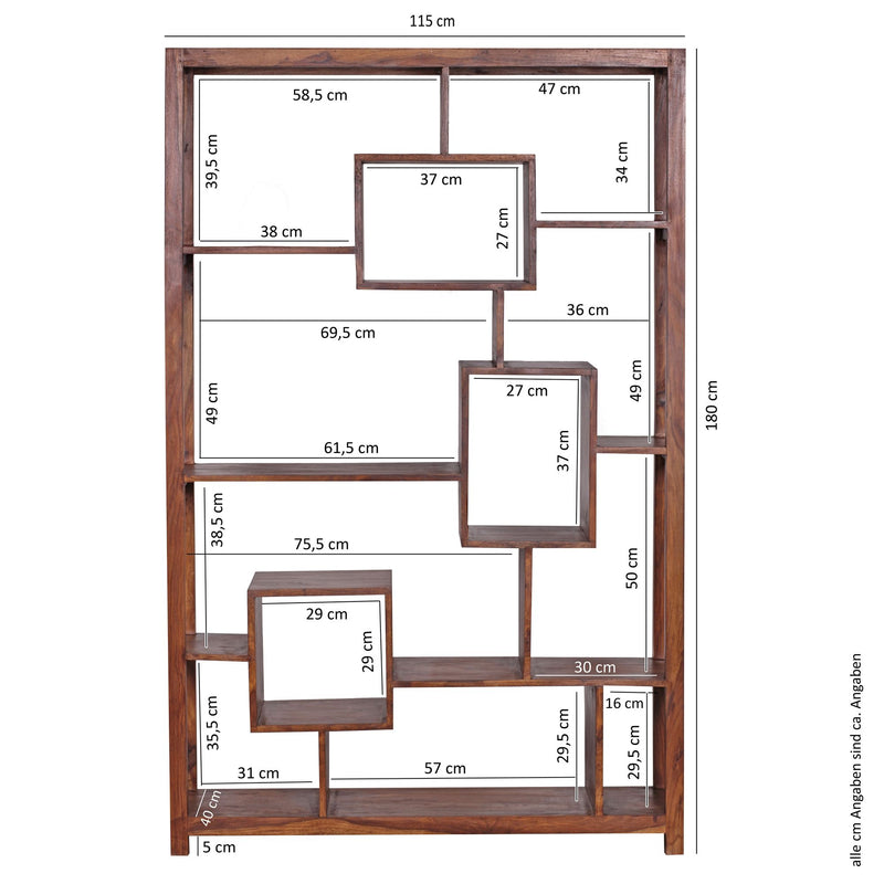 Bücherregal 115x180x40cm Sheesham Massivholz Landhaus Raumteiler