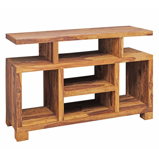 Sideboard Sheesham Massivholz 115x76x40cm Landhaus TV-Kommode in Gesamtansicht mit offenen Fächern und massiven Holzbeinen.