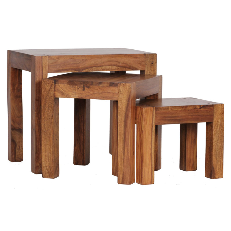 Satztisch Set 3er Sheesham Massivholz Landhausstil Dunkelbraun