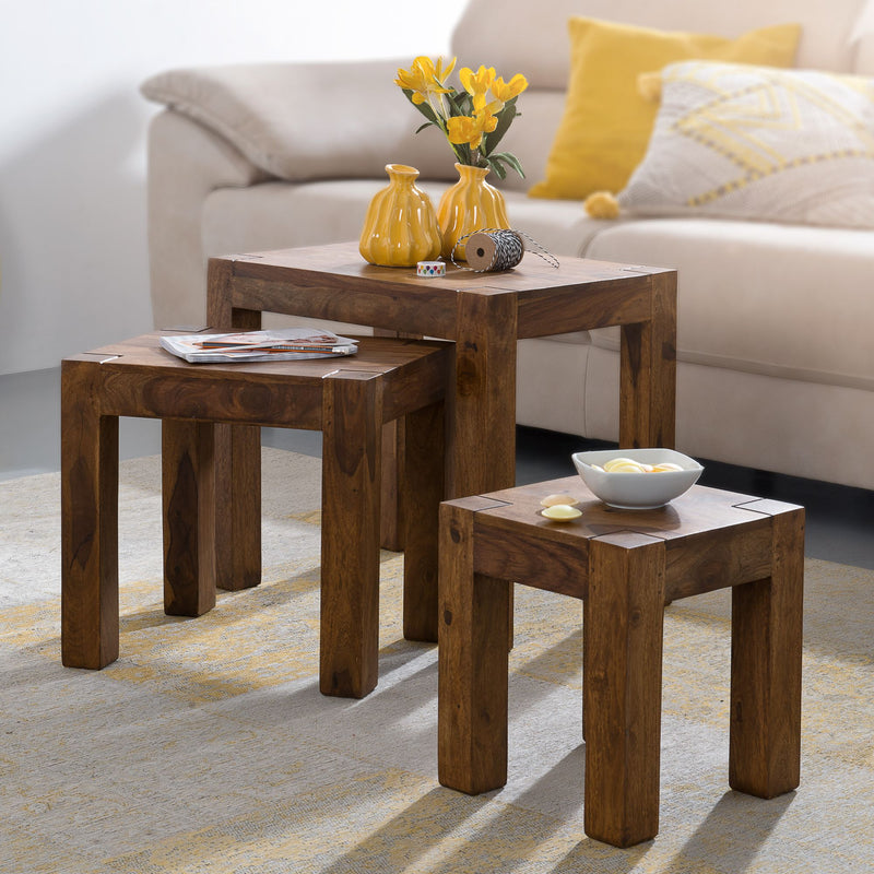 Satztisch Set 3er Sheesham Massivholz Landhausstil Dunkelbraun
