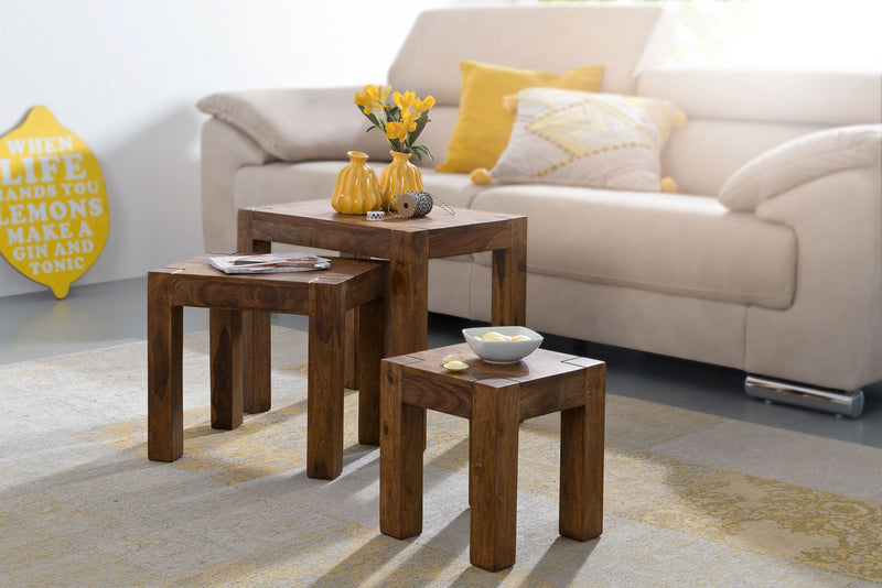 Satztisch Set 3er Sheesham Massivholz Landhausstil Dunkelbraun