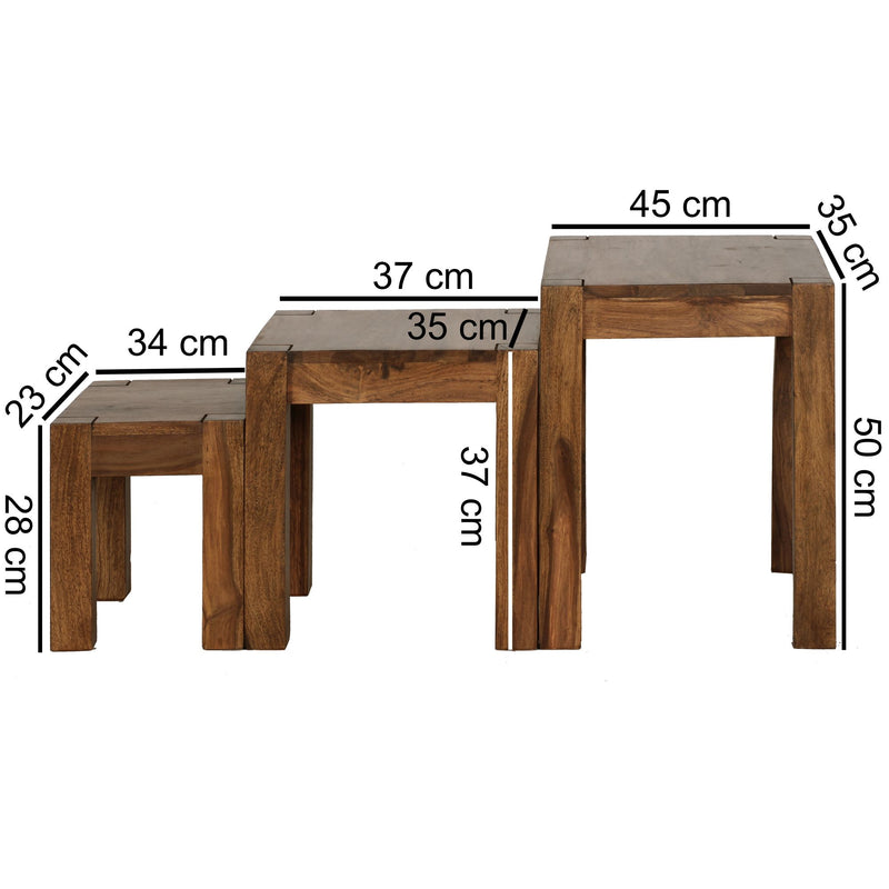 Satztisch Set 3er Sheesham Massivholz Landhausstil Dunkelbraun