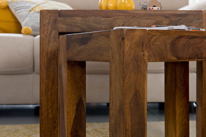 Satztisch Set 3er Sheesham Massivholz Landhausstil Dunkelbraun