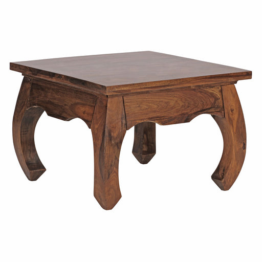 Couchtisch Sheesham Massivholz 60cm Landhausstil Dunkelbraun mit quadratischer Platte und geschwungenen Beinen.