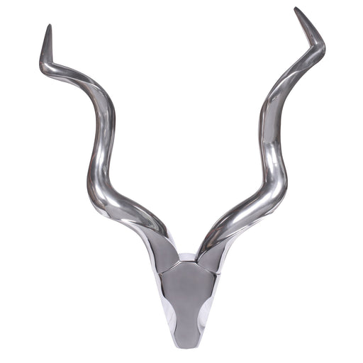 Hirschgeweih Wanddeko 80cm Aluminium Silber mit geschwungenen Hörnern, Frontansicht.
