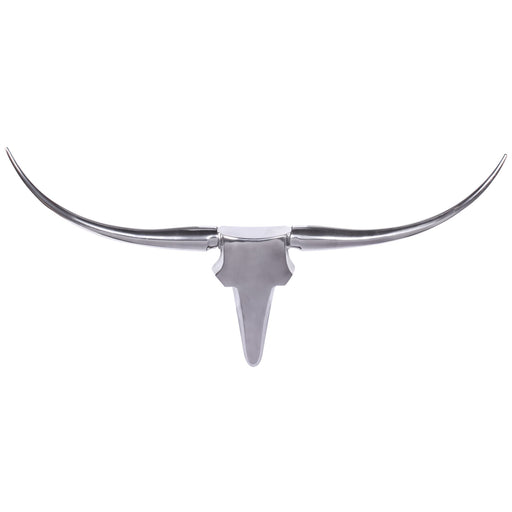 Wanddekoration Bull Geweih 125cm Aluminium Silber mit geschwungenen Hörnern und silbernem Schädel in Gesamtansicht.
