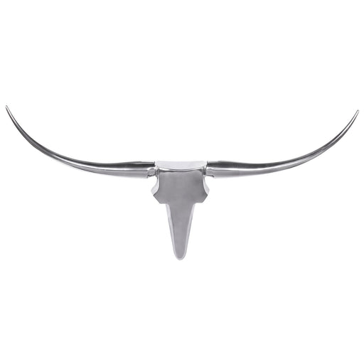 Deko Geweih Bull M Silber 100cm mit geschwungenen Metallhörnern und silbernem Stierkopf in Frontansicht.