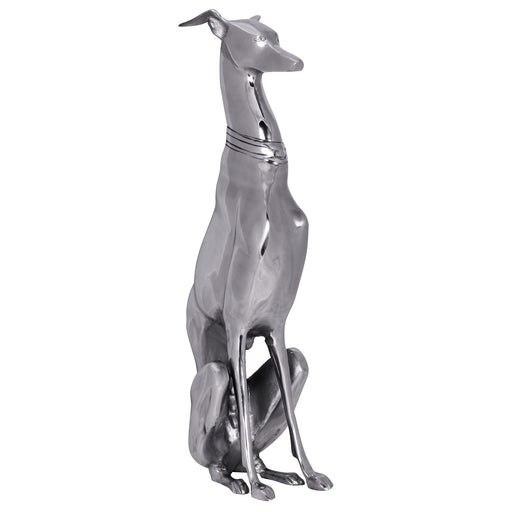 Windhund Skulptur Hundestatue Aluminium silbern Design Dog in silberner Metallic-Ausführung, Gesamtansicht aufrecht stehend.