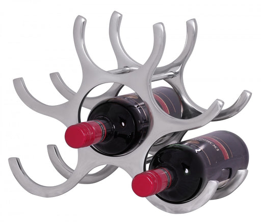 Weinregal Aluminium 6 Flaschen Silber modern in Gesamtansicht mit zwei bestückten Weinflaschen in den geschwungenen Haltern.