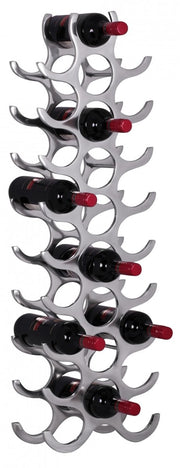 Weinregal Aluminium 27 Flaschen Silber in Gesamtansicht mit silbernem Gestell und eingelegten Weinflaschen mit roten Kapseln.