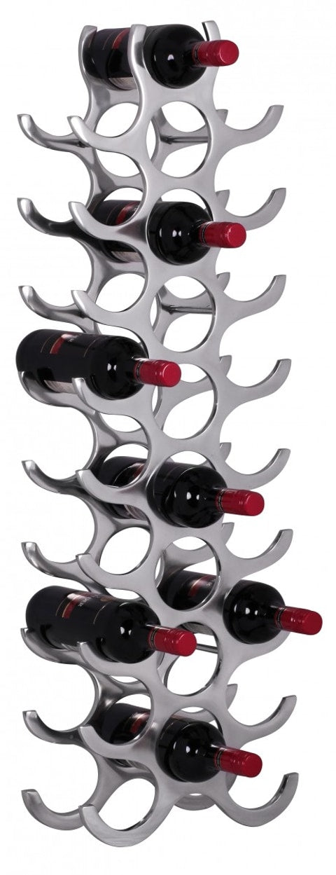 Weinregal Aluminium 27 Flaschen Silber in Gesamtansicht mit silbernem Gestell und eingelegten Weinflaschen mit roten Kapseln.