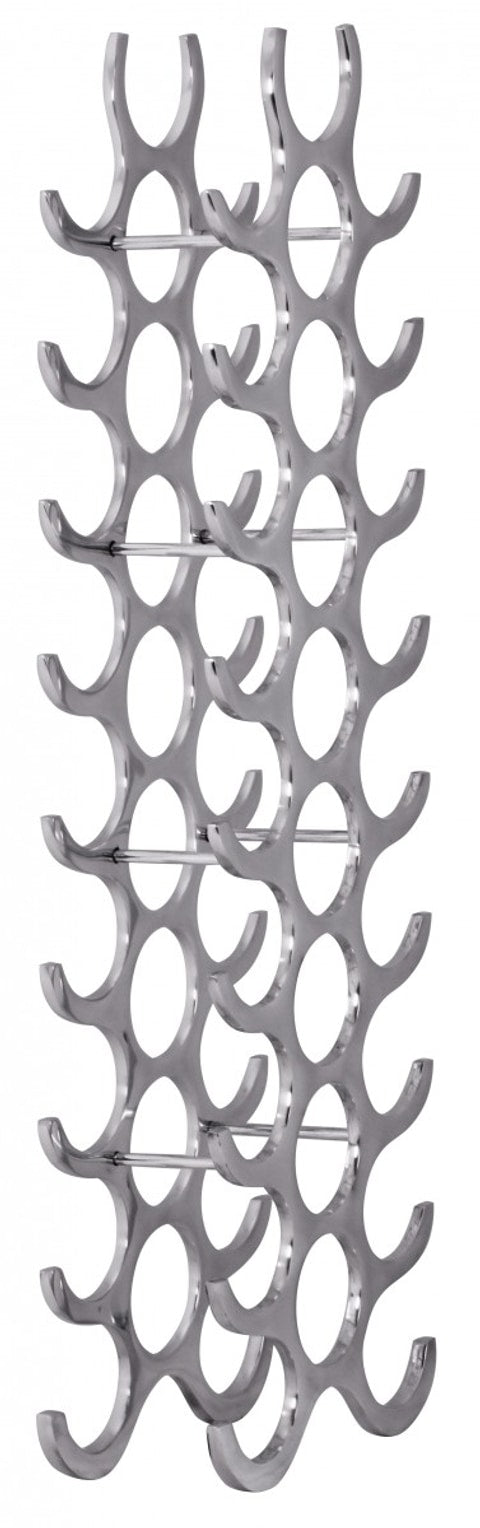 Weinregal Aluminium 27 Flaschen Silber in Gesamtansicht mit zwei Säulen und zahlreichen U-förmigen Ablagen.