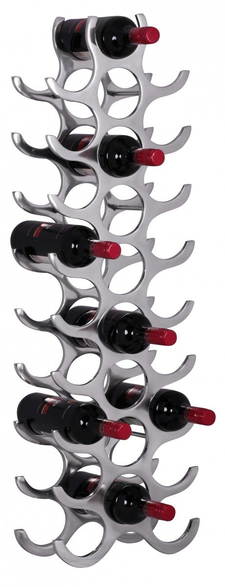 Weinregal Aluminium 27 Flaschen Silber in Gesamtansicht mit silbernem Gestell und eingelegten Weinflaschen mit roten Kapseln.