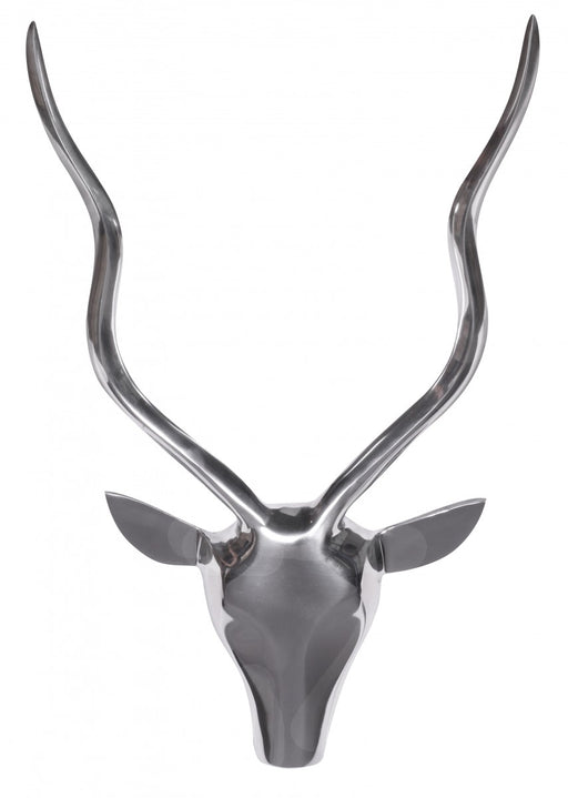 Hirschgeweih Wanddeko Aluminium Silber Landhausstil modern in Frontalansicht mit geschwungenen Hörnern und stylisiertem Kopf.