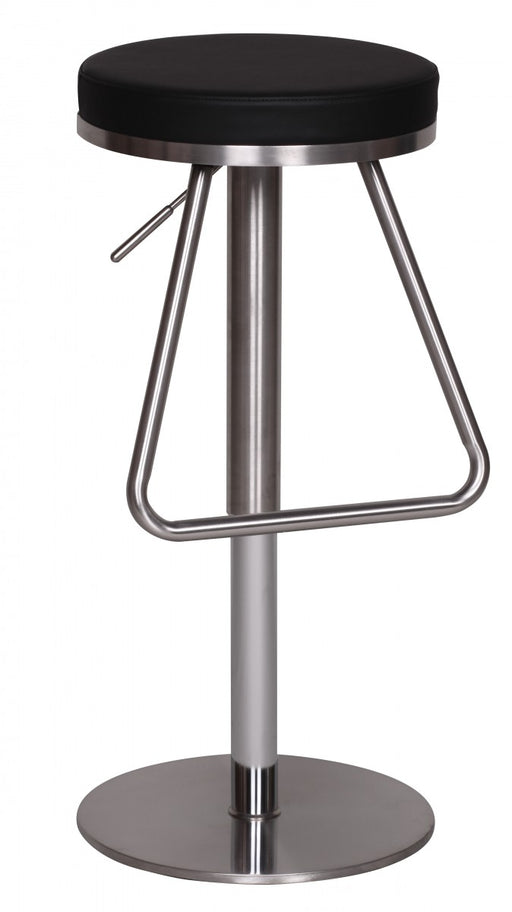 Barhocker WL1.291 mit schwarzer Sitzfläche, Edelstahl-Mittelsäule und trapezförmiger Fußstütze in Gesamtansicht.