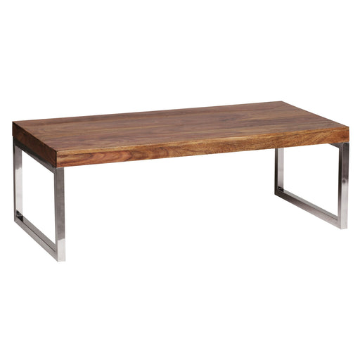 Couchtisch GUNA 120cm aus Sheesham Massivholz dunkelbraun mit verchromtem Metallgestell in Gesamtansicht.